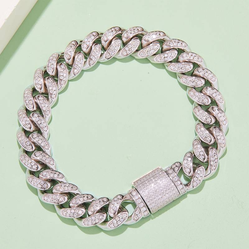 12mm宽Cuban ChainS925银镶Moissanite厘石圆形白色DVVS
